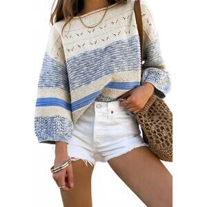 NEW SHEWIN striped hollow out puff sleeve sweater in light blue